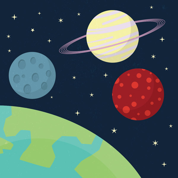 Illustration of space scene with planets and galaxies