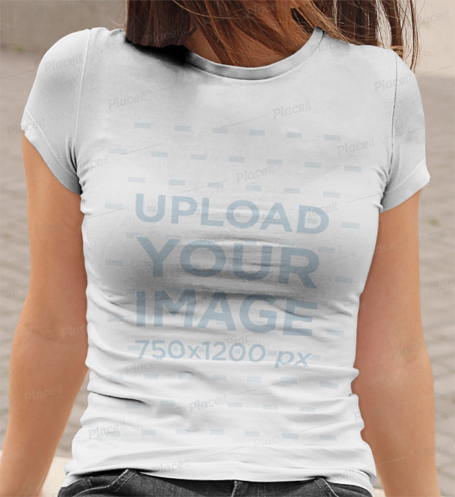 Mockup of a Woman Wearing a Crewneck T-Shirt