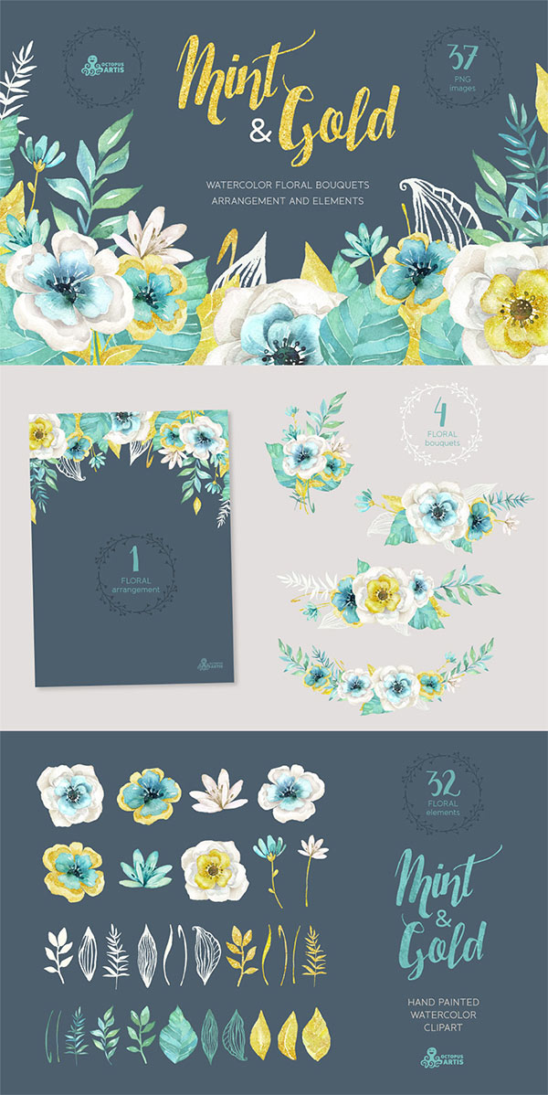 Mint & Gold Flowers