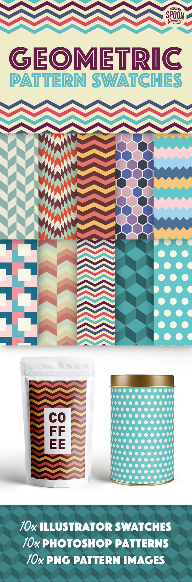 10 Geometric Pattern Swatches in AI, PAT & PNG Format