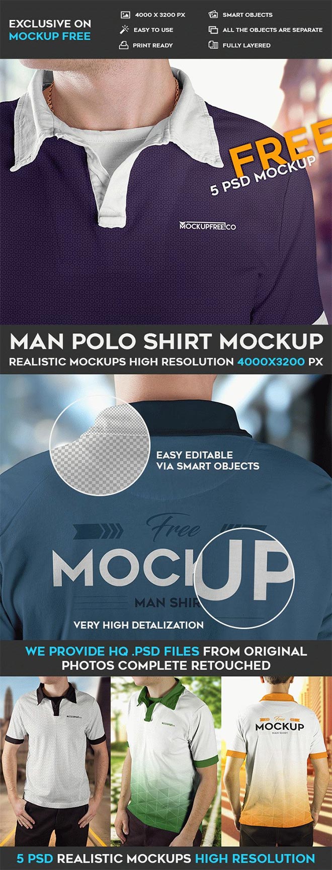 Man Polo Shirt – 5 Free PSD Mockups
