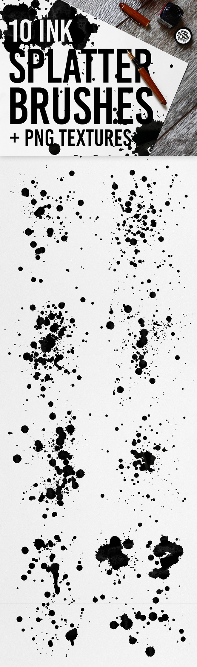 10 Ink Splatter Photoshop Brushes and PNG Textures