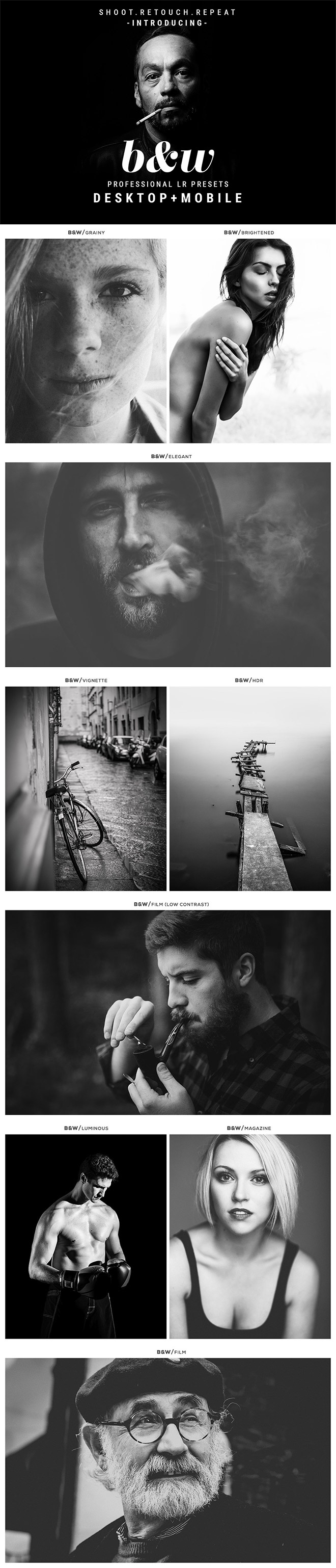 Black and white Lightroom presets for members with access to all areas